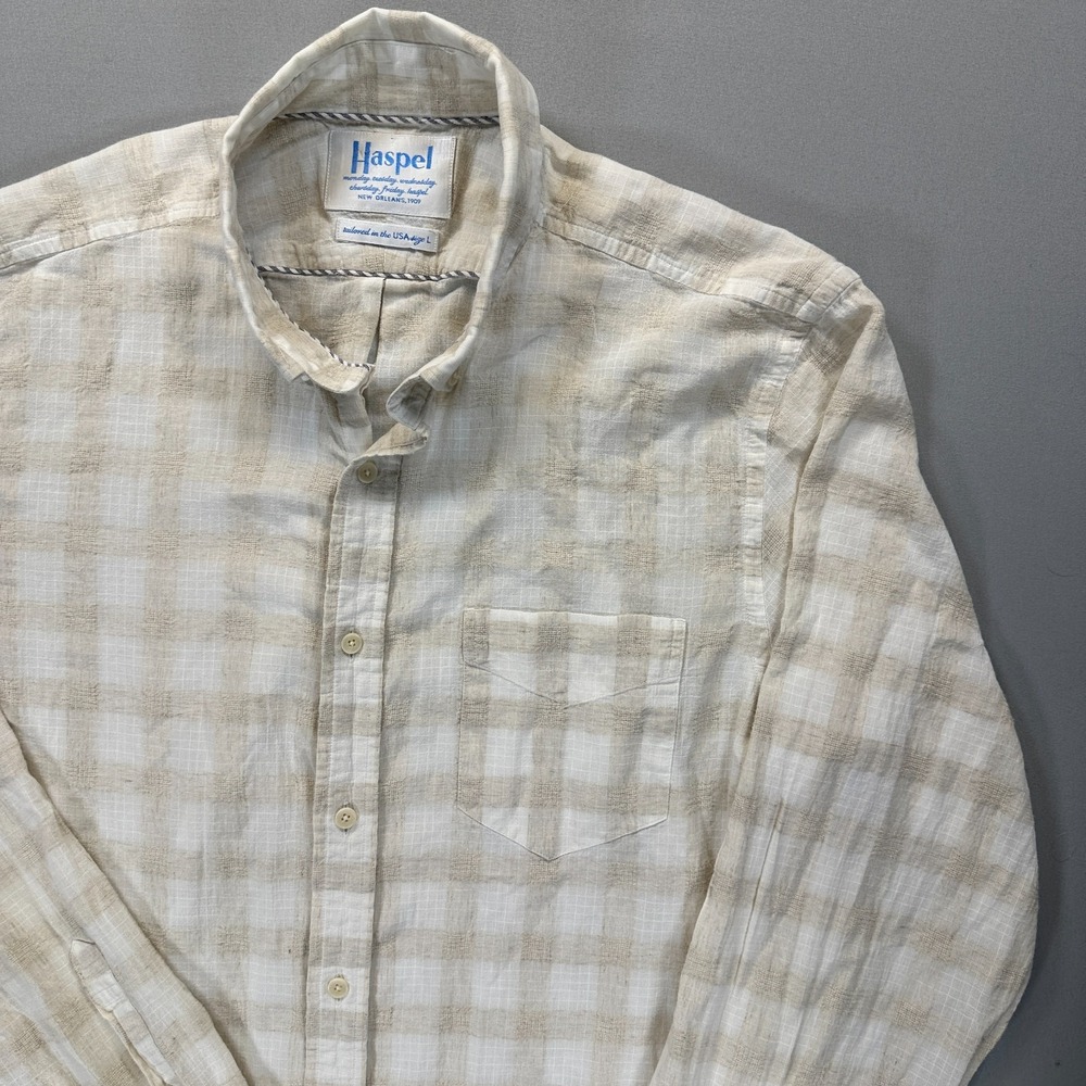 Haspel Shirt Mens L Slim Fit Beige Plaid Button Down Made USA 100% Cotton Long
